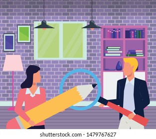 Two business partners working, executive entrepreneur teamwork inside office building scenery ,vector illustration graphic design.