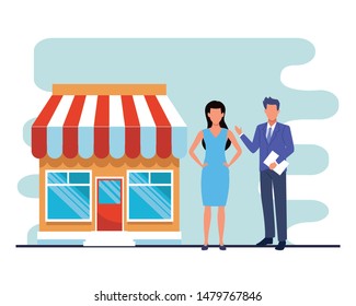 Two business partners working, executive entrepreneur teamwork in the store shop ,vector illustration graphic design.