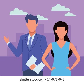 Two business partners working, executive entrepreneur teamwork inside office building scenery ,vector illustration graphic design.