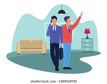 Two business partners working, executive entrepreneur teamwork inside house with furniture scenery vector illustration graphic design.