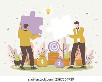 Two business partners working together to solve a puzzle with financial elements, rendered in a modern vector illustration style, perfect for themes of collaboration and growth.