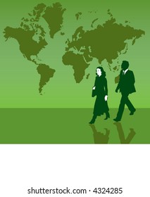 Two business people against a map of the world background