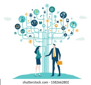 Two business people agreed the deal staying by the business tree made of many icons. High tech electronic, microchips, icons and communication symbols at the background. Business concept illustration.