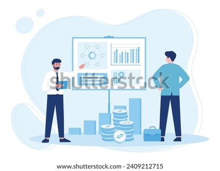 two business people analyzing company data or graphs on a white board trending concept flat illustration