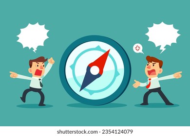 Two business people arguing for opposite direction beside big business compass. Business disagreement concept.