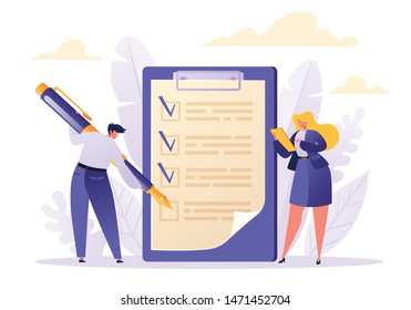 Two business people character mark completed tasks in to-do list. Man character mark checklist using pen. Woman read business task. Concept of planning schedule for goal achievements. 