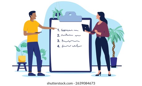 Two business people checking off a to-do list or survey on a giant clipboard, discussing tasks and progress in an office setting, flat design vector illustration