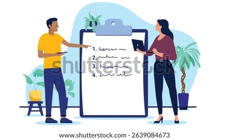 Two business people checking off a to-do list or survey on a giant clipboard, discussing tasks and progress in an office setting, flat design vector illustration