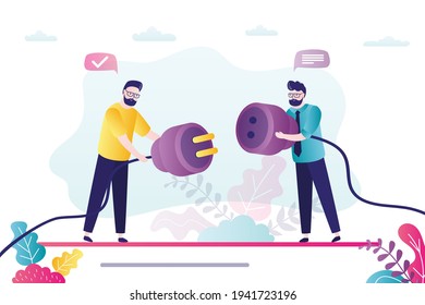 Two business people connect wires. Businessmen pull plugs towards each other. Client and entrepreneur, successful marketing company. Partnership, teamwork. Business cooperation. B2b commerce. Vector