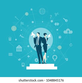 Two business people controlling the working progress  with  loudhailer. Control, support and making decision concept illustration 