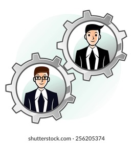 Two business people in cooperation gear. Teamwork concept.