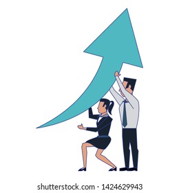two business people couple holding an arrow avatars cartoon characters vector illustration graphic design