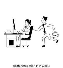 two business people couple man with briefcase and woman sitting on a computer desk avatars cartoon characters vector illustration graphic design