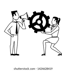 two business people couple man using peripone and woman holding a gear avatars cartoon characters vector illustration graphic design