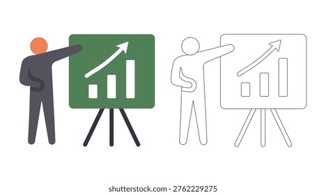 Two business people in dark and light grey suits presenting bar graphs on green and white boards with upward trending arrows, on black easels, isolated on white background