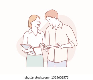 Two business people discussing about work. Hand drawn style vector design illustrations.