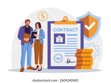 Two business people discussing a document near a large contract form with coins and shield icons, flat style, white background. Concept of legal financial agreement. Vector illustration