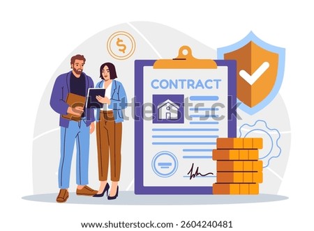 Two business people discussing a document near a large contract form with coins and shield icons, flat style, white background. Concept of legal financial agreement. Vector illustration