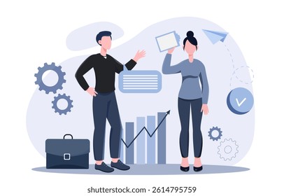 Two business people discussing ideas with charts, gears, and icons around them in a flat style on a white background. Concept of strategy and collaboration. Vector illustration