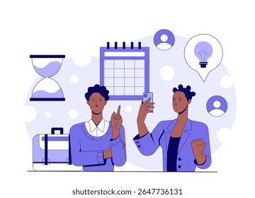 Two business people discussing ideas with calendar, hourglass, and lightbulb icons in background, flat style on white abstract backdrop. Concept of teamwork. Vector illustration