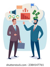Two business people discussing project and profit at meeting. Flat vector illustration. Startup, partnership concept