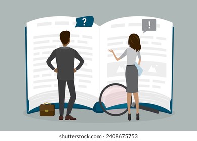 Two business people or employees reads open guide book or user manual. Finding answers, solving problems, FAQ concept. Teamwork, brainstorming. Office managers need help. Flat vector illustration