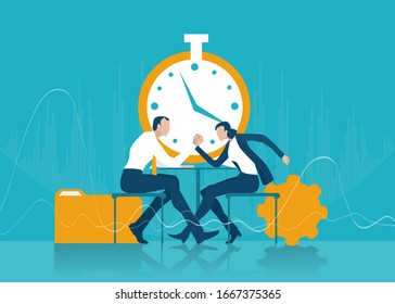 Two business people fighting with Arm wrestling. Business people sitting next to the clock and negotiating the deal. Business concept illustration