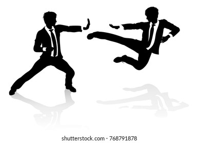 Two business people fighting in martial arts or karate style. Competition concept