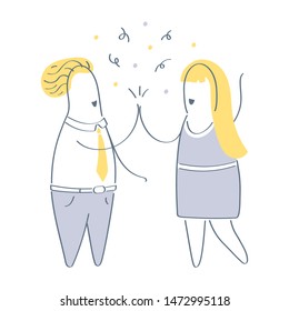 Two business people giving high five to each other, greeting, success, good job, agreement, teamwork, partnership, successfully performed task, friendship concept. Flat outline vector illustration