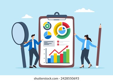 Two business people hold magnifying glass and pencil with financial chart graph on clipboard