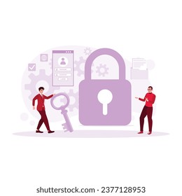 Two business people holding a key and lock. Personal data protection. Data Protection concept. Trend Modern vector flat illustration