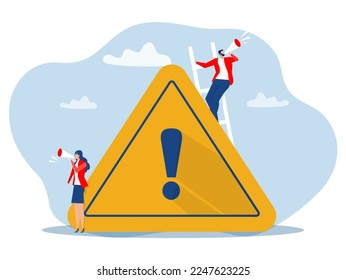 Two business people holding megaphone with important announcement. Attention or warning information By standing near exclamation sign. Marketing and advertising alert and beware concept 