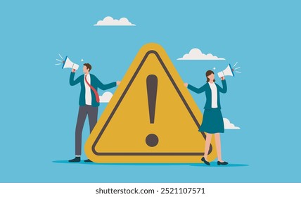 Two business people holding megaphones near warning sign. Suitable for concepts of Important announcement, urgent message communication, teamwork, crisis management, and business warnings