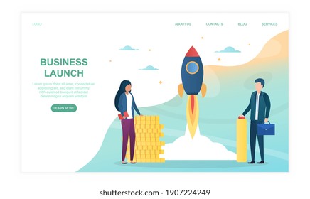 Two business people launches rocket into the sky. Concept of business growth. Business or IT startup. Website, web page, landing page template. Flat cartoon vector illustration