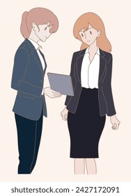 Two of business people looking at, using digital tablet together. 2 Happy business colleagues having discussion about work over tablet. Hand drawn flat cartoon character vector illustration.