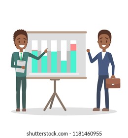 Two business people looking at a chart on the board. Office presentation with financial data. Isolated flat vector illustration