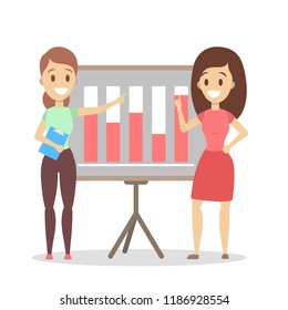 Two business people looking at a chart on the board. Woman make office presentation with financial data. Isolated flat vector illustration