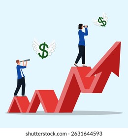 Two business people looking at red arrow up with money flying out of it. The arrow is a graph showing a rise of money.