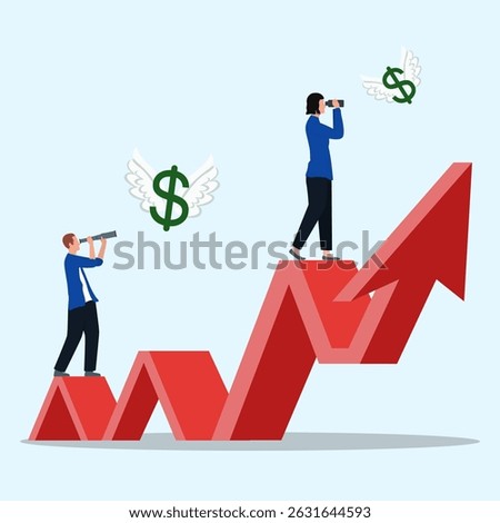 Two business people looking at red arrow up with money flying out of it. The arrow is a graph showing a rise of money.