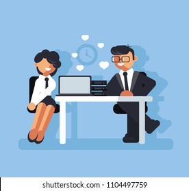 Two business people man and woman character falling in love at work. Corporate romance concept. Vector flat cartoon graphic design isolated illustration