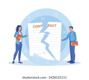 Two business people in the office cancel the business contract they had signed together. Contract agreement concept. Flat vector illustration.