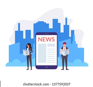 Two business people office workers, man and woman, reading news online. Morning newspaper concept. Vector flat graphic design illustration