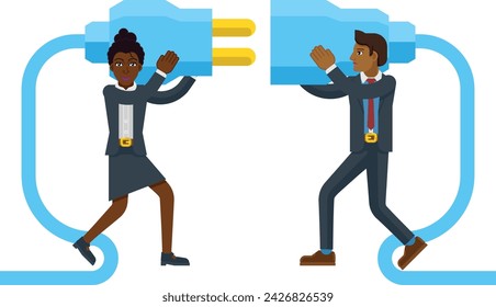 Two business people plugging connecting together electrical plug conceptual illustration