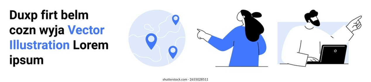 Two business people pointing at a map with location markers and discussing data on a laptop. Ideal for marketing, teamwork, project planning, business strategy, data analysis, navigation services