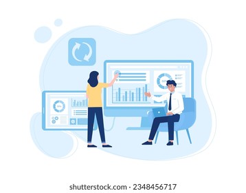 Two business people presenting business growth data research trending concept flat illustration
