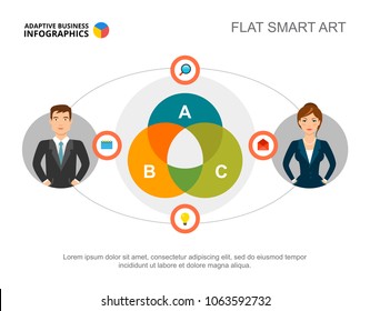 Two business people process chart template for presentation. Vector illustration. Diagram, graph, infochart. Workflow, partnership, teamwork, planning or marketing concept for infographic, report.