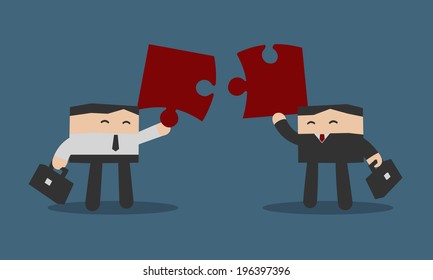 Two business people to put puzzles in order, Flat design cartoon vector EPS10