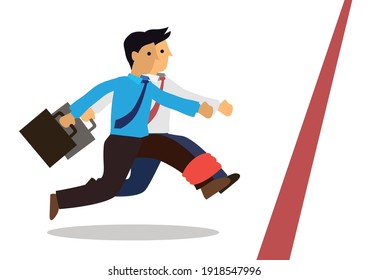 Two business people run together towards the finish line. Concept business on partnership, togetherness, office team or cooperation. Flat business cartoon vector illustration. 
