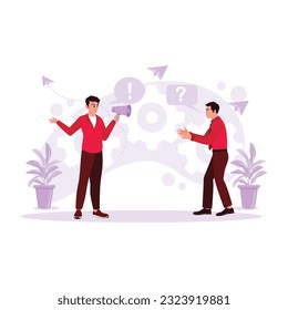 Two business people are seen together, talking and giving each other advice and help. Trend Modern vector flat illustration.