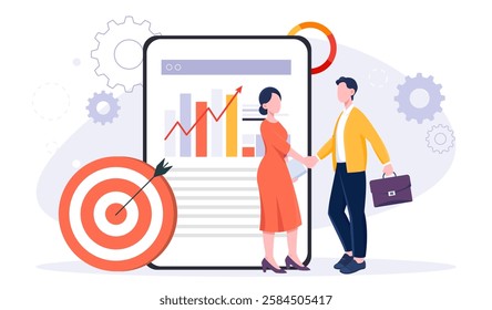 Two business people shake hands in front of a digital screen displaying graphs and charts, symbolizing partnership and success in business strategy